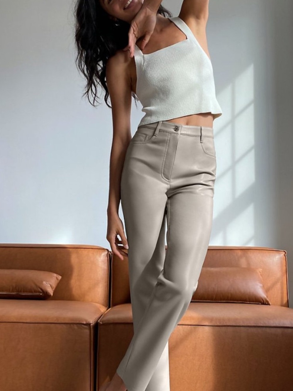 Aritzia Wilfred Melina Straight Leg Vegan Leather Pants Mercury Taupe 2